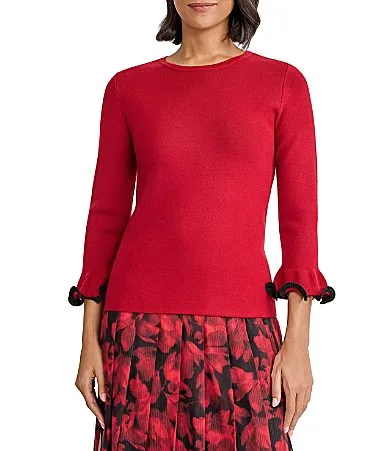 Jewel Neck 34 Ruffle Sleeve Knit Top by Kasper