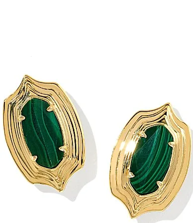 Ellie Stepped Frame Stud Statement Earrings - Gold Green Malachite