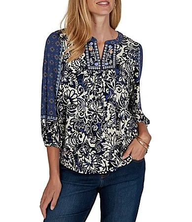 Knit English Foliage Embroidered Split Round Neck 34 Sleeve Top by Ruby Rd
