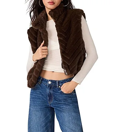 Luxie Chevron Faux Fur High Collar Sleeveless Bubble Hem Vest by Steve Madden