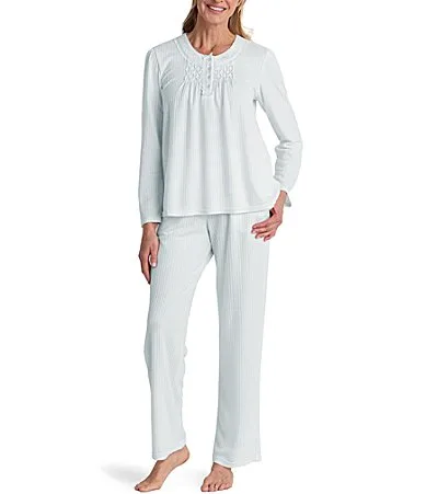 Brushed Solid Honeycomb Knit Long Sleeve Round Neck Long Pajama Set by Miss Elaine