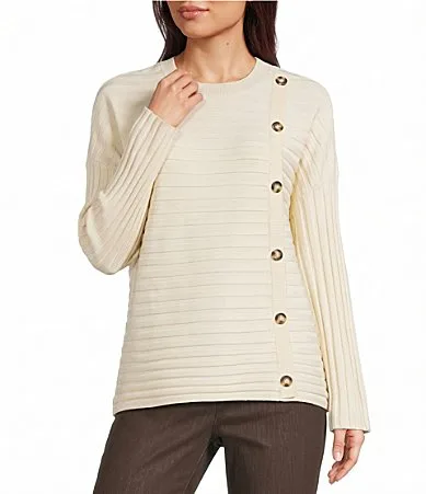 Ribbed Knit Round Neck Long Sleeve Button Detail Sweater by Ali Miles