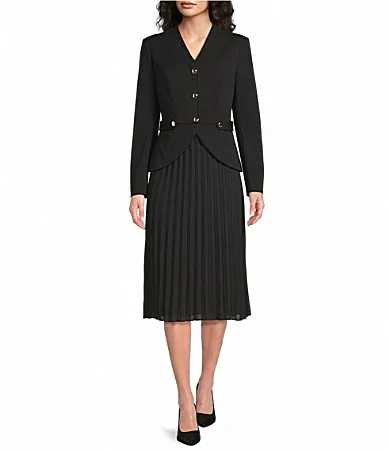 Scuba Crepe Long Sleeve Faux Blazer and Pleated Skirt Combo Dress by Investments