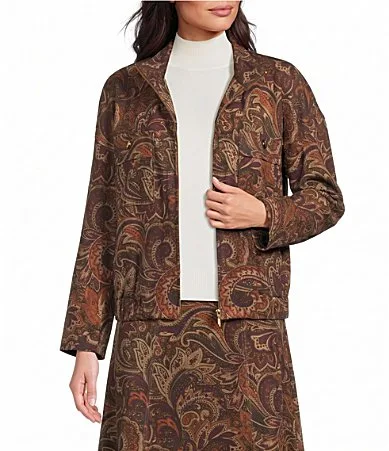 Paisley Print Long Sleeve Zip Front Faux Suede Bomber Jacket by Investments