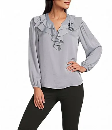 Ruffle V-Neck Long Sleeve Blouse by Investments