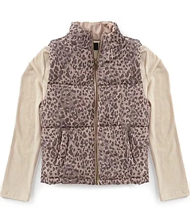 Sleeveless Leopard Print Puffer Vest Long Sleeve Solid T-Shirt Set by In Girl