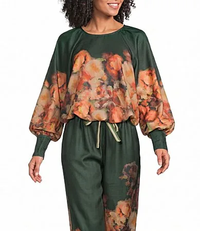Peyton Floral Print Round Neck Long Sleeve Bubble Hem Coordinating Top by Ciebon