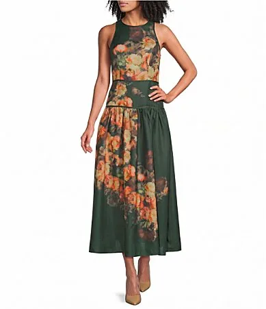 Dahlia Floral Print Round Neck Sleeveless Drop Waist Maxi Dress by Ciebon