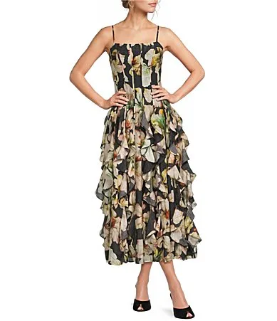 Loiselle Floral Printed Square Neck Sleeveless Shimmer Voile Ruffle Maxi Dress by Ciebon