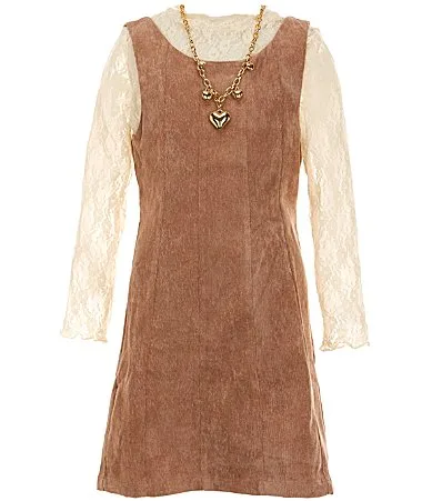 Sleeveless Corduroy Jumper Dress Long Sleeve Lace Top Set by Rare Editions