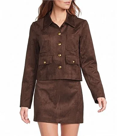 Brynn Suede Collared Long Sleeve Button Front Coordinating Cropped Jacket by Lucy