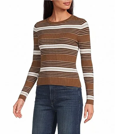 Striped Crew Neck Long Sleeve Sweater Knit Top by Lucy