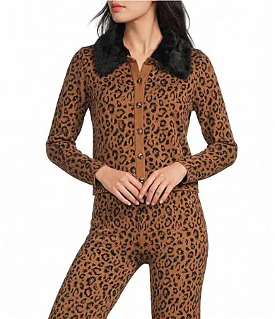 Deborah Leopard Printed Faux Fur Collared Long Sleeve Coordinating Knit Cardigan by Lucy
