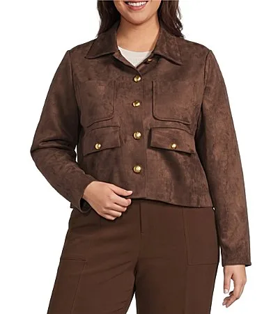 Brynn Suede Collared Long Sleeve Button Front Cropped Jacket by Lucy