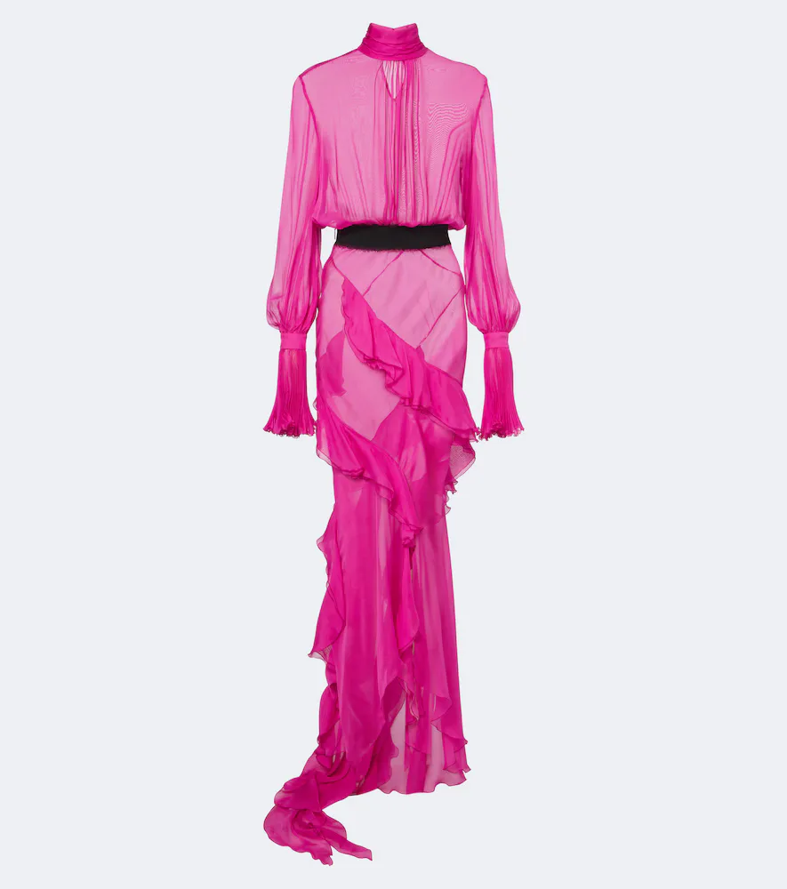 Belted Ruffled Sheer Silk Gown by Roberto Cavalli