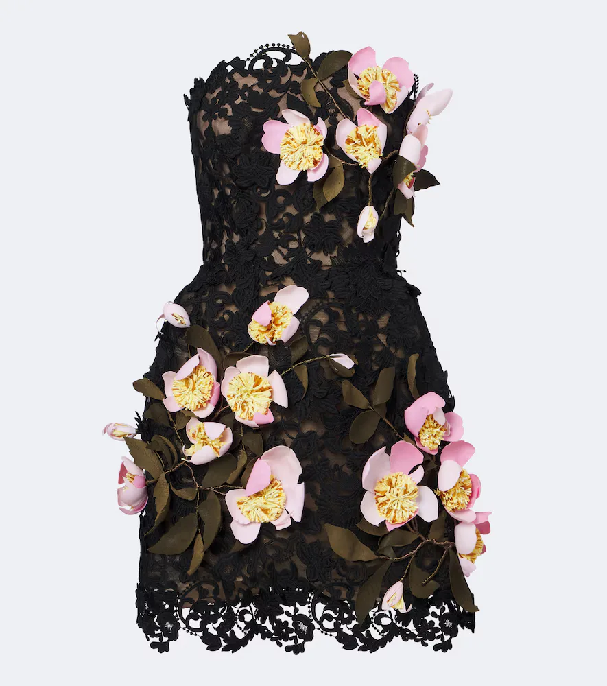 Floral-Appliqué Guipure Lace Bustier Dress by Oscar de la Renta
