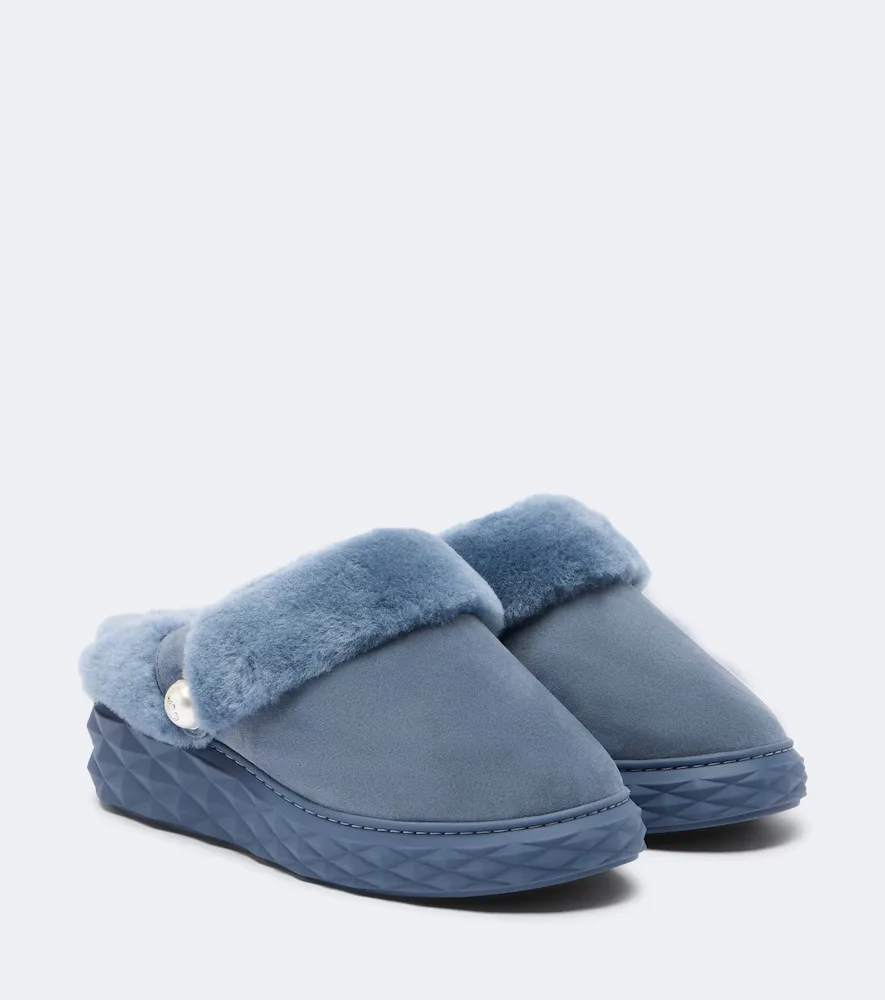 Diamond Shearling-Lined Suede Platform Mules by Jimmy Choo