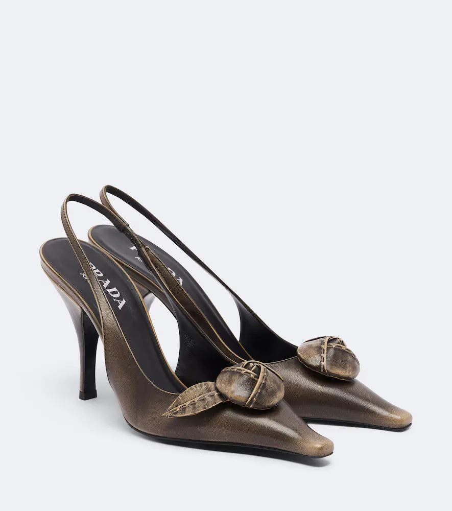 Floral-Appliqué Leather Slingback Pumps by Prada
