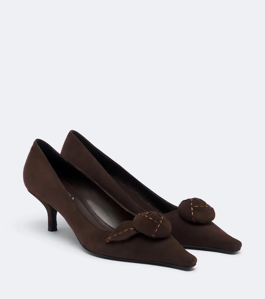 Floral-Appliqué Suede Pumps by Prada