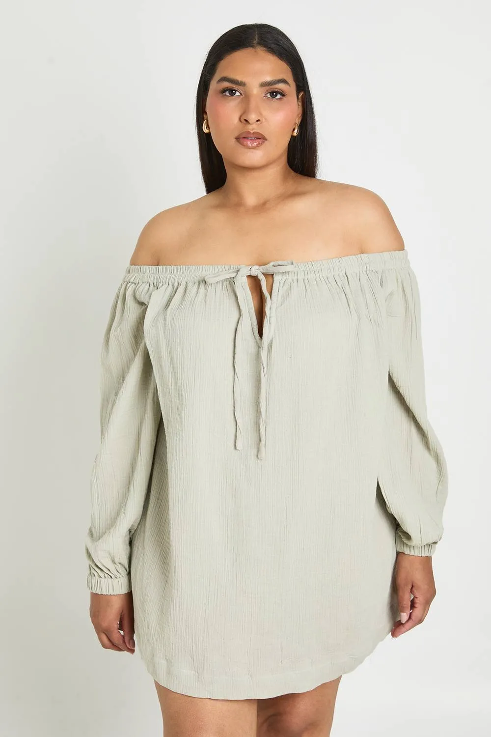 Plus Bardot Volume Sleeve Beach Dress - Stone by boohoo