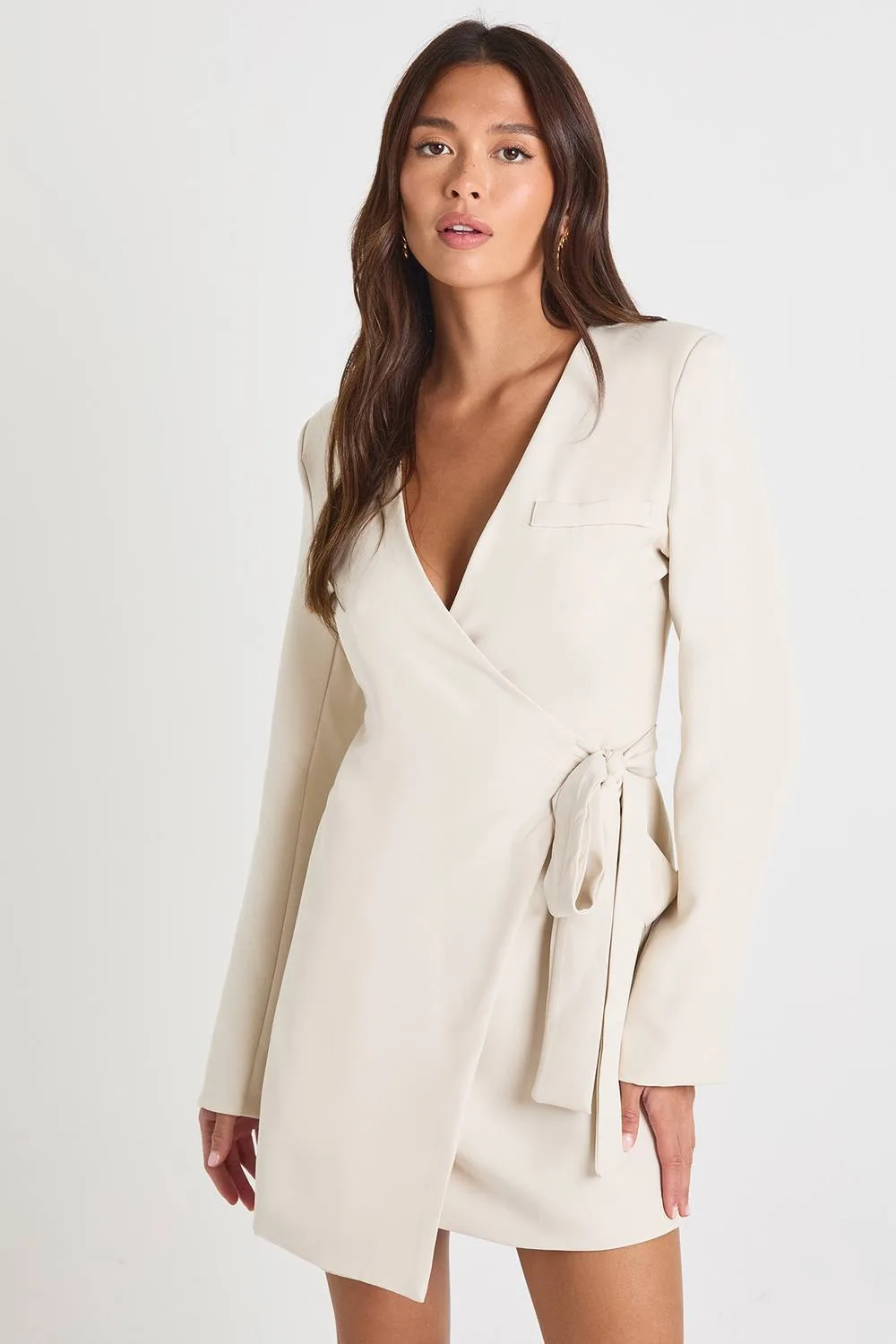 Collarless Tie Side Blazer Dress - Stone by boohoo