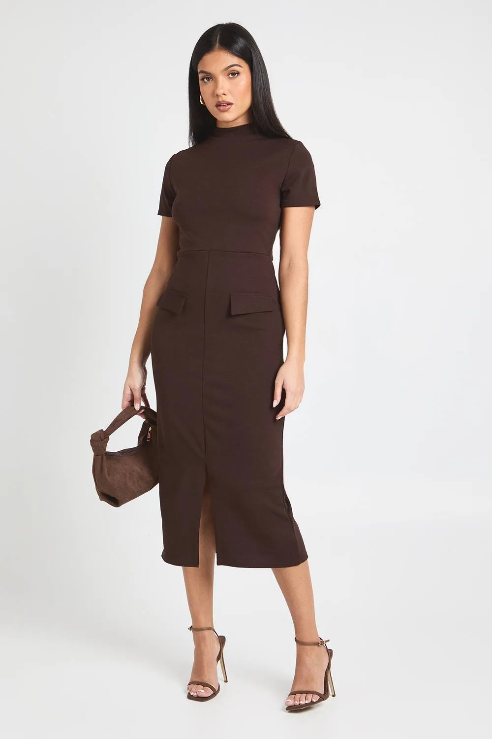 Crepe High Neck Pocket Detail Midi Dress by boohoo