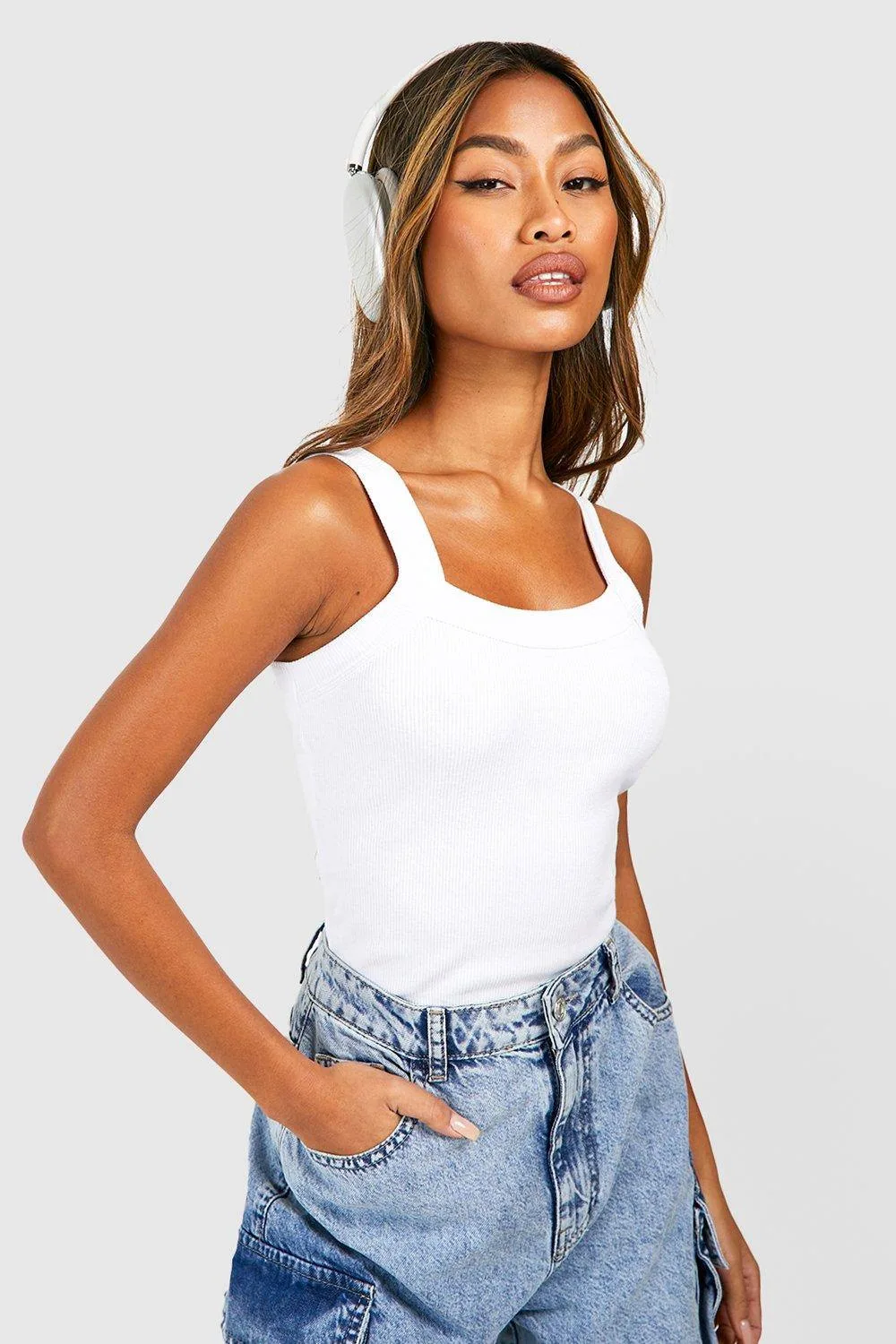 Rib Thick Binding Curved Strap Vest by boohoo
