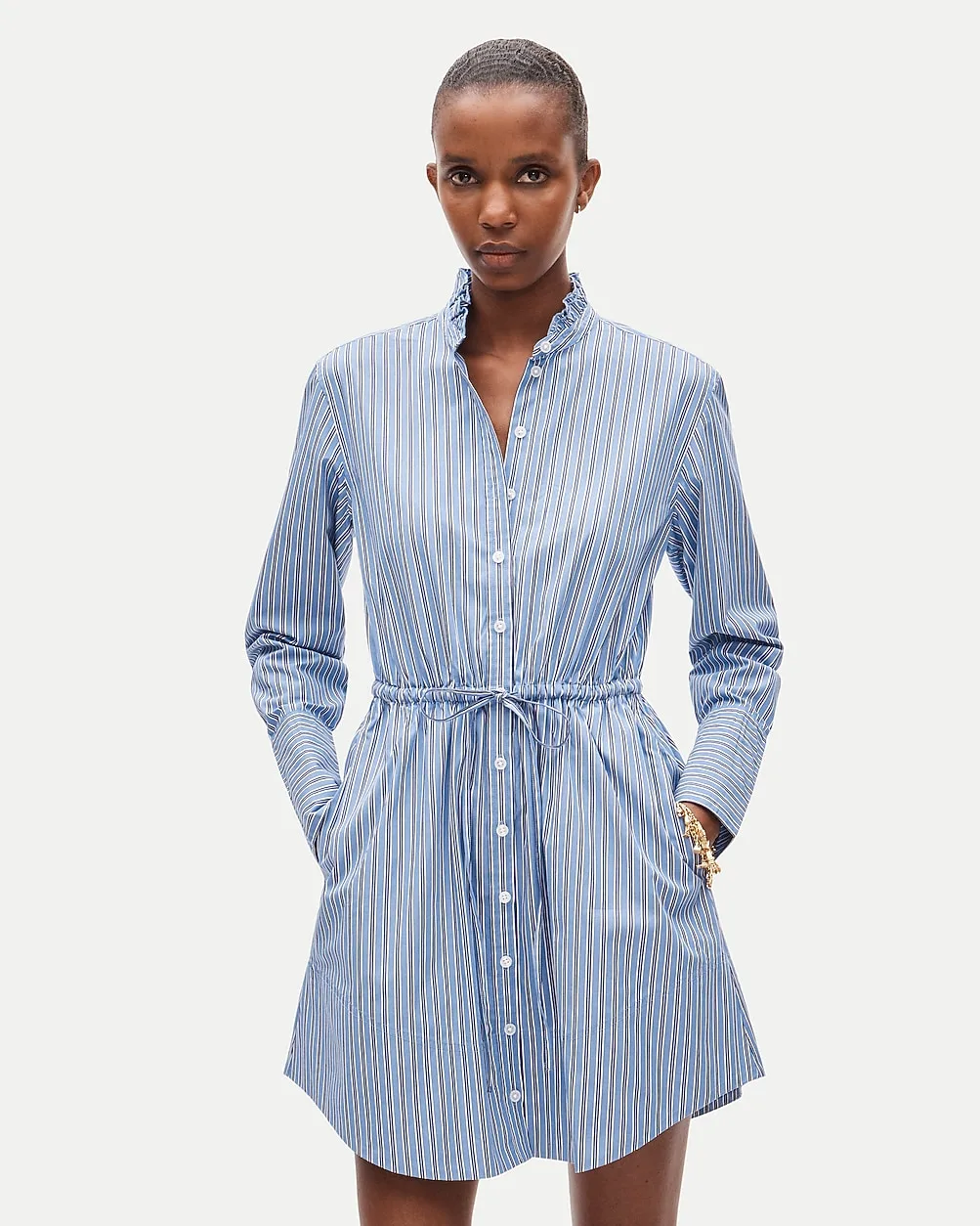 Ruffle-Collar Mini Shirt-Dress in Striped Greenwich Poplin by J.Crew