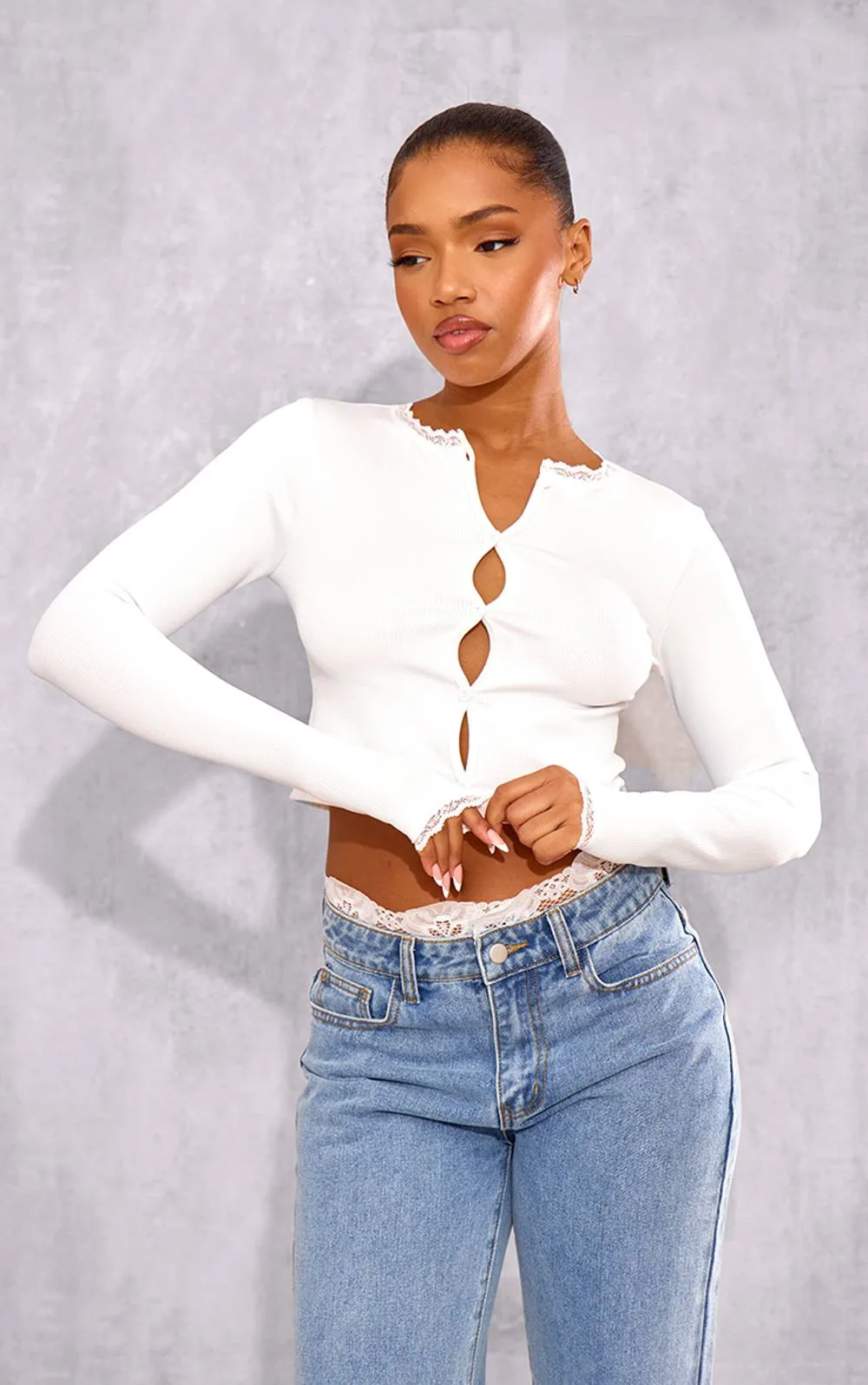 Lace Trim Contour Rib Button Up Long Sleeve Top