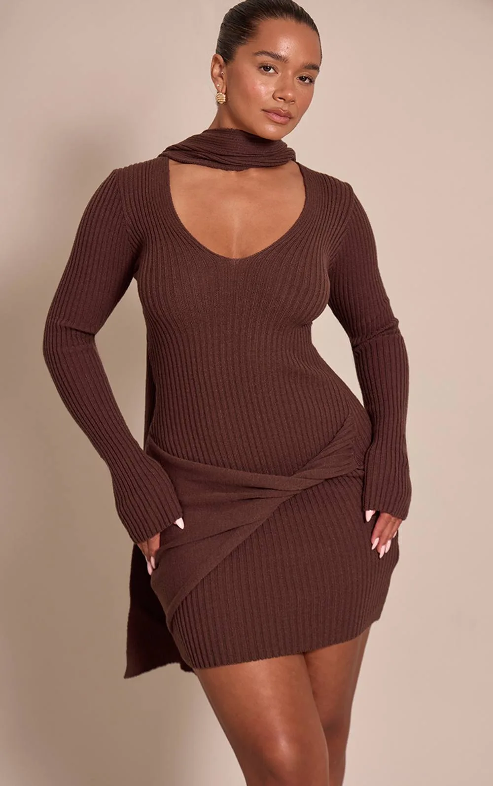 Plunge Neck Scarf Detail Knitted Mini Dress