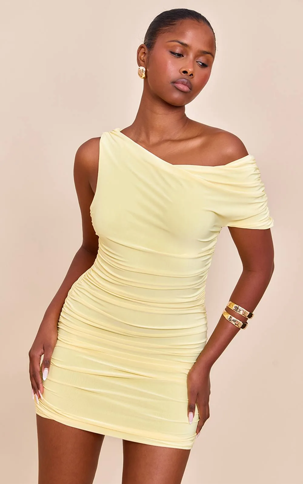 Double Layer Slinky Ruched Drape Detail Mini Dress