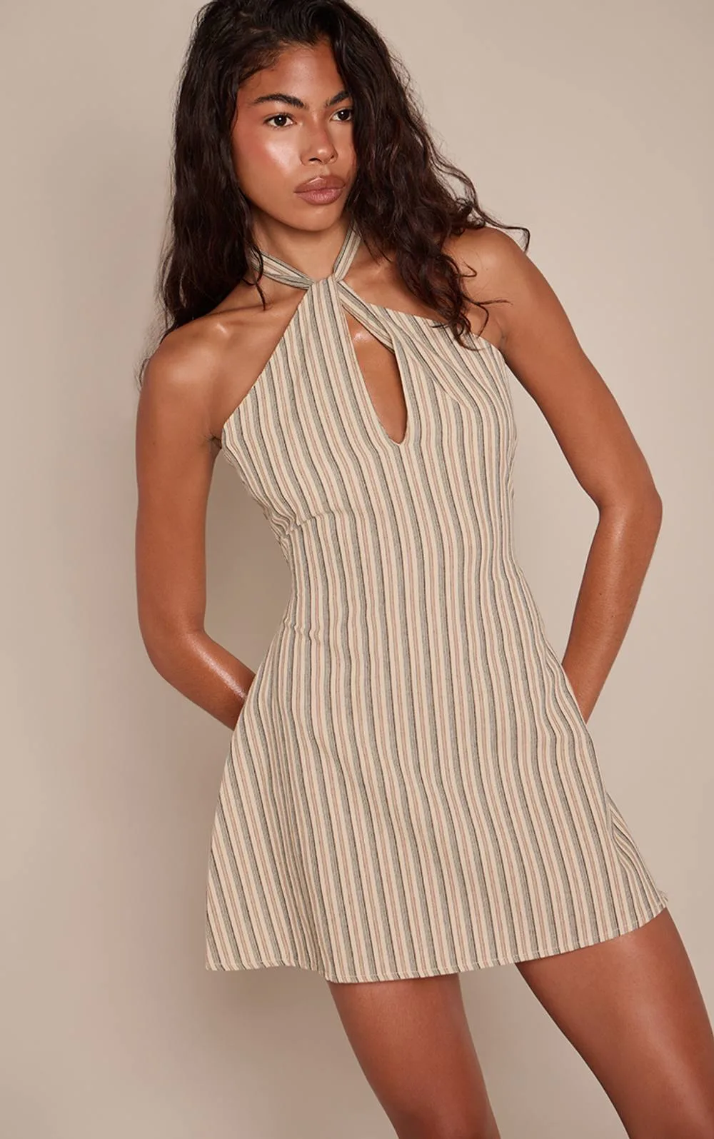 Striped Halterneck Shift Dress - Stone
