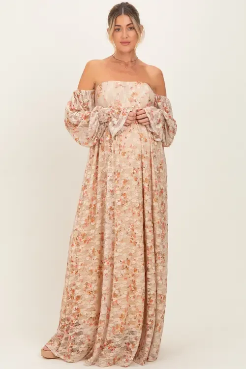 Color Floral Lace Smocked Long Sleeve Off Shoulder Maxi Dress by PinkBlush