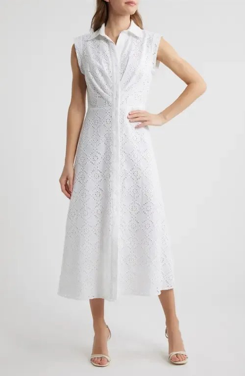 Eyelet Embroidery Sleeveless Shirtdress by Anne Klein