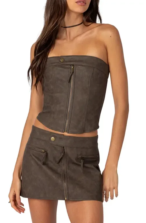 Ziva Faux Leather Strapless Corset Top by EDIKTED