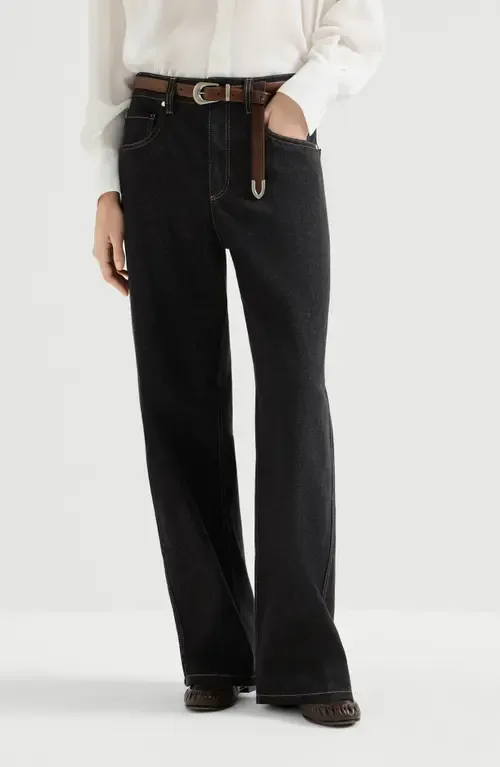 No-Fade Denim Loose Barrel Trousers with Monili by Brunello Cucinelli