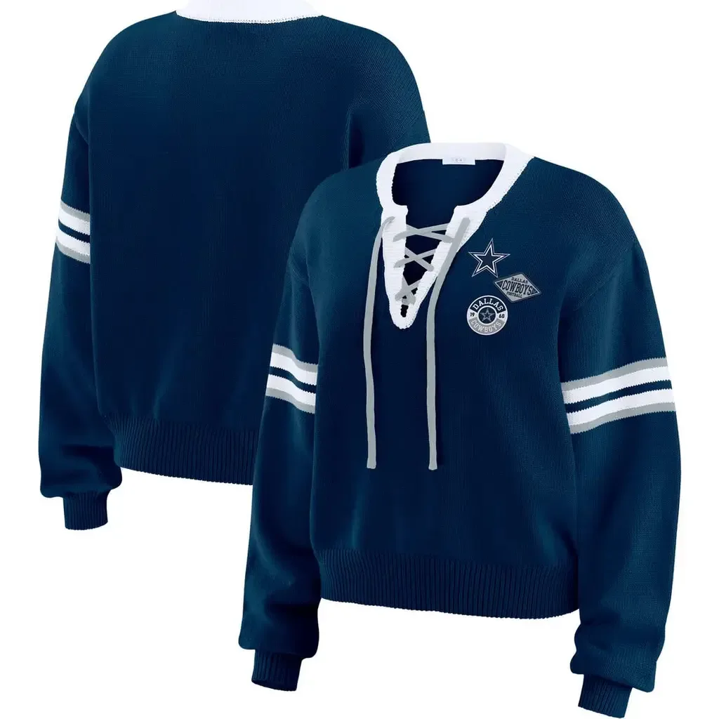 WEAR by Erin Andrews Navy Dallas Cowboys Lace-Up Sweater by WEAR by Erin Andrews