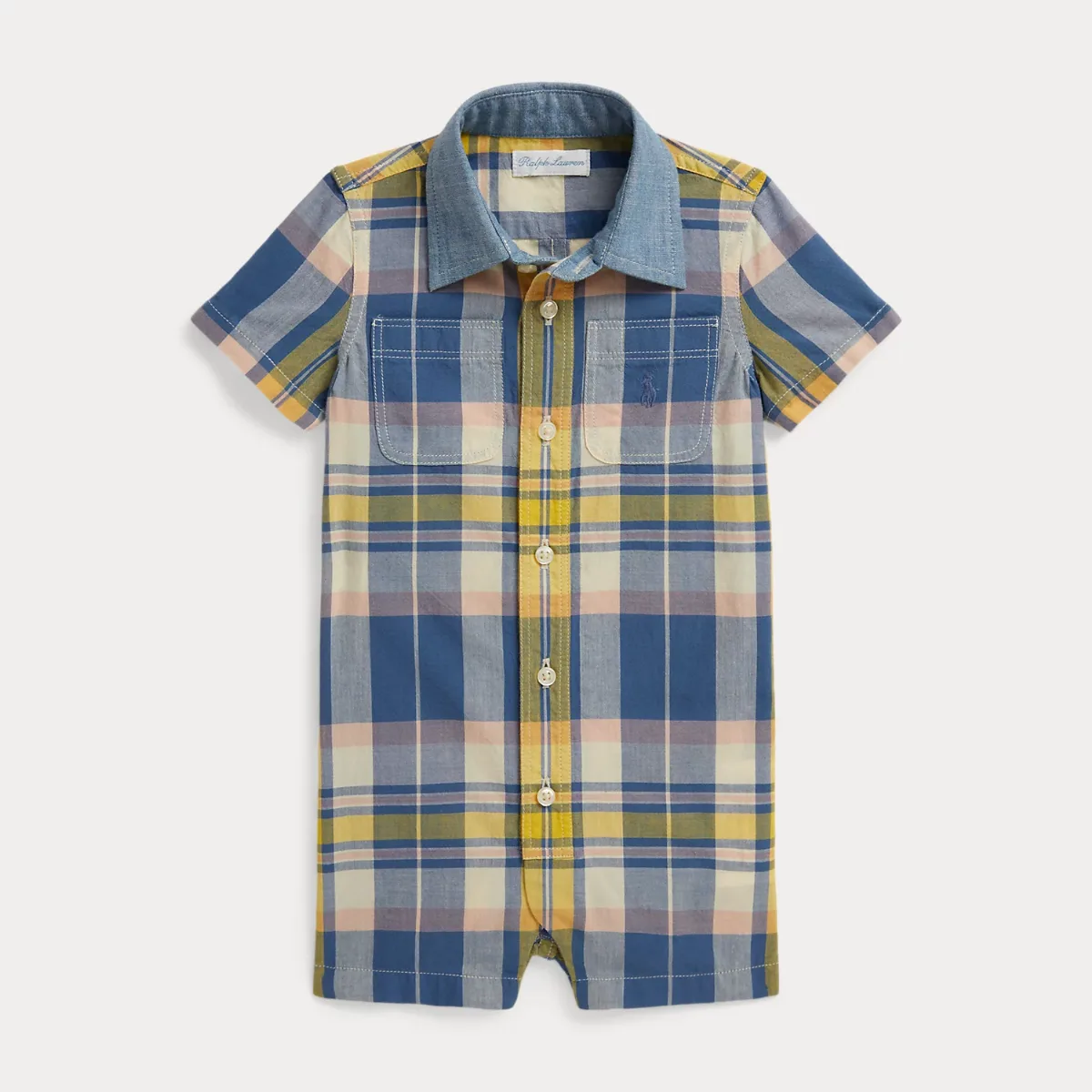 Chambray-Collar Cotton Madras Shortall by Ralph Lauren
