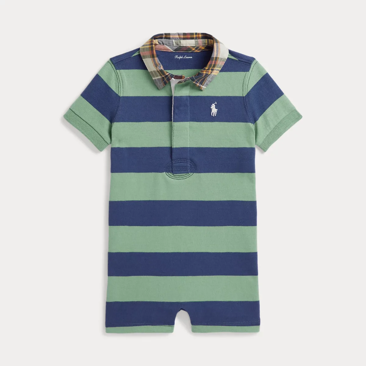 Madras-Collar Striped Cotton Shortall by Ralph Lauren