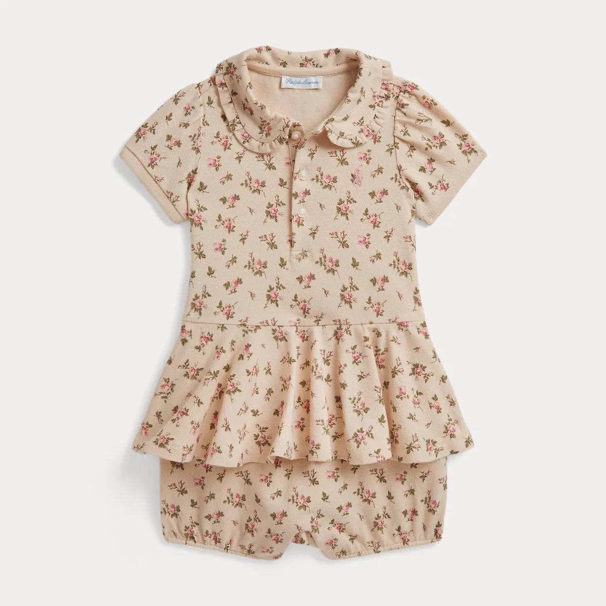 Stretch Mesh Peplum Polo Shortall by Ralph Lauren