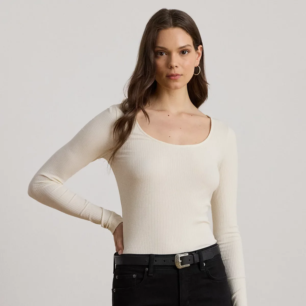 Rib-Knit Long-Sleeve Scoopneck Tee by Ralph Lauren