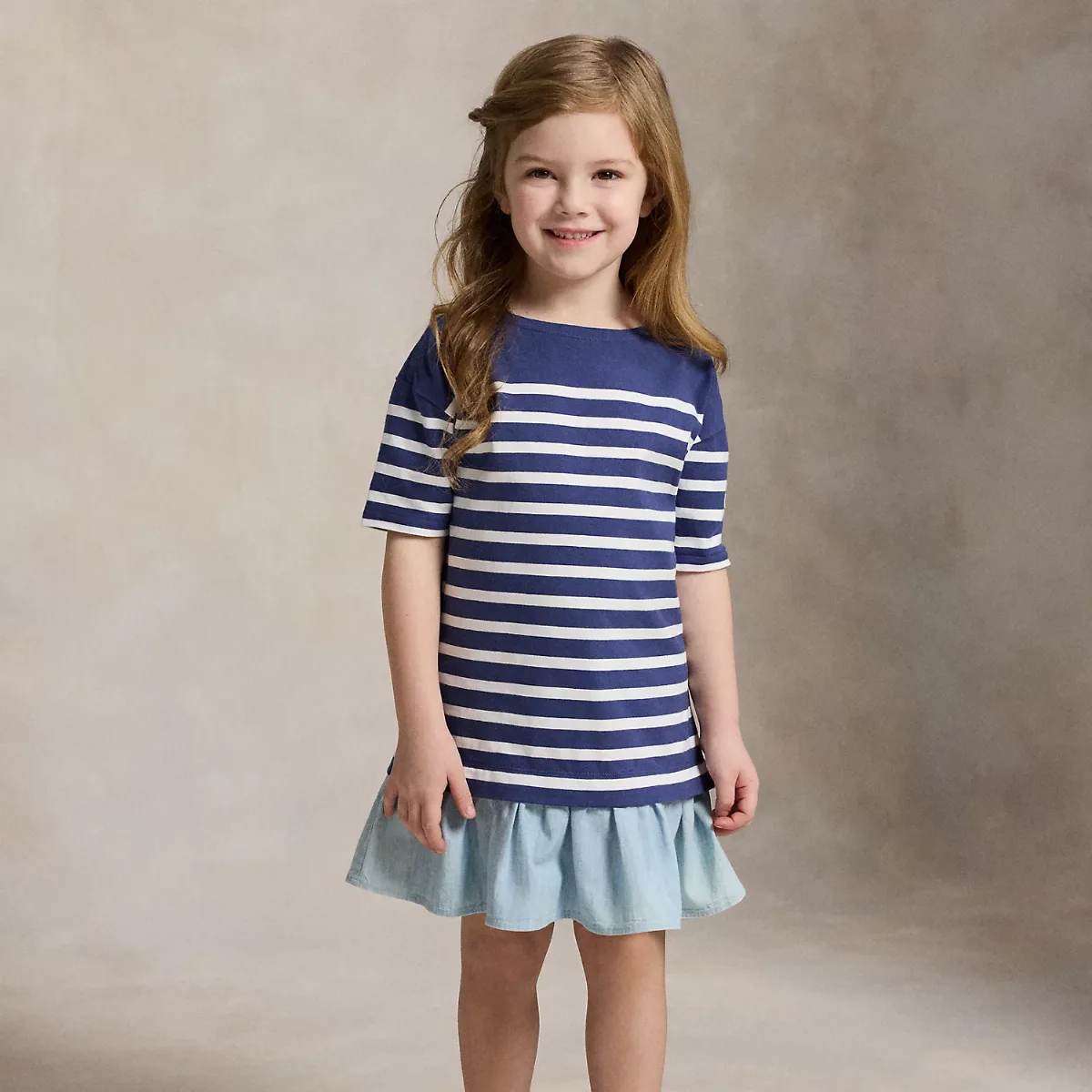 Striped Chambray-Skirt Cotton Dress by Ralph Lauren