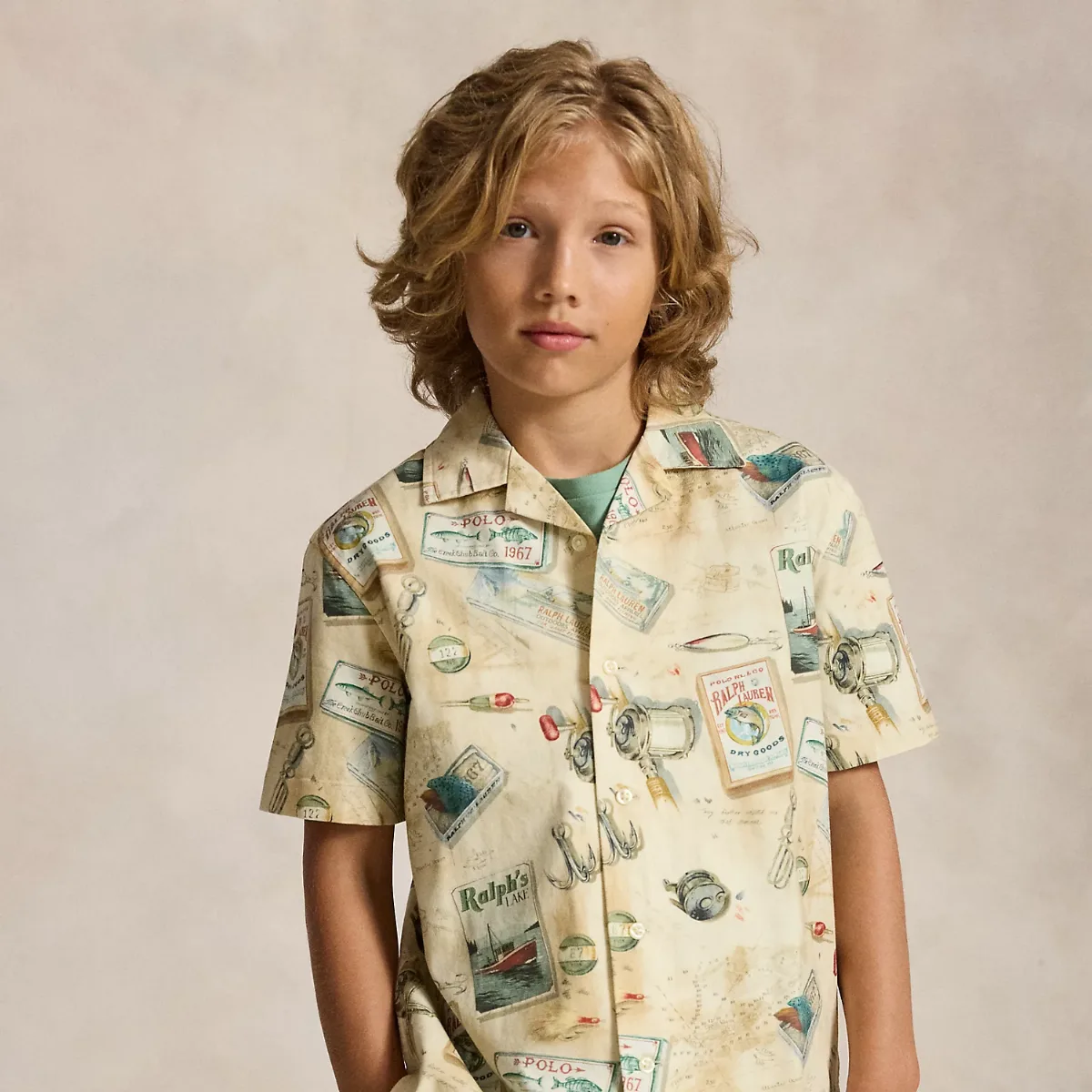 Fishing-Print Stretch Chino Camp Shirt by Ralph Lauren