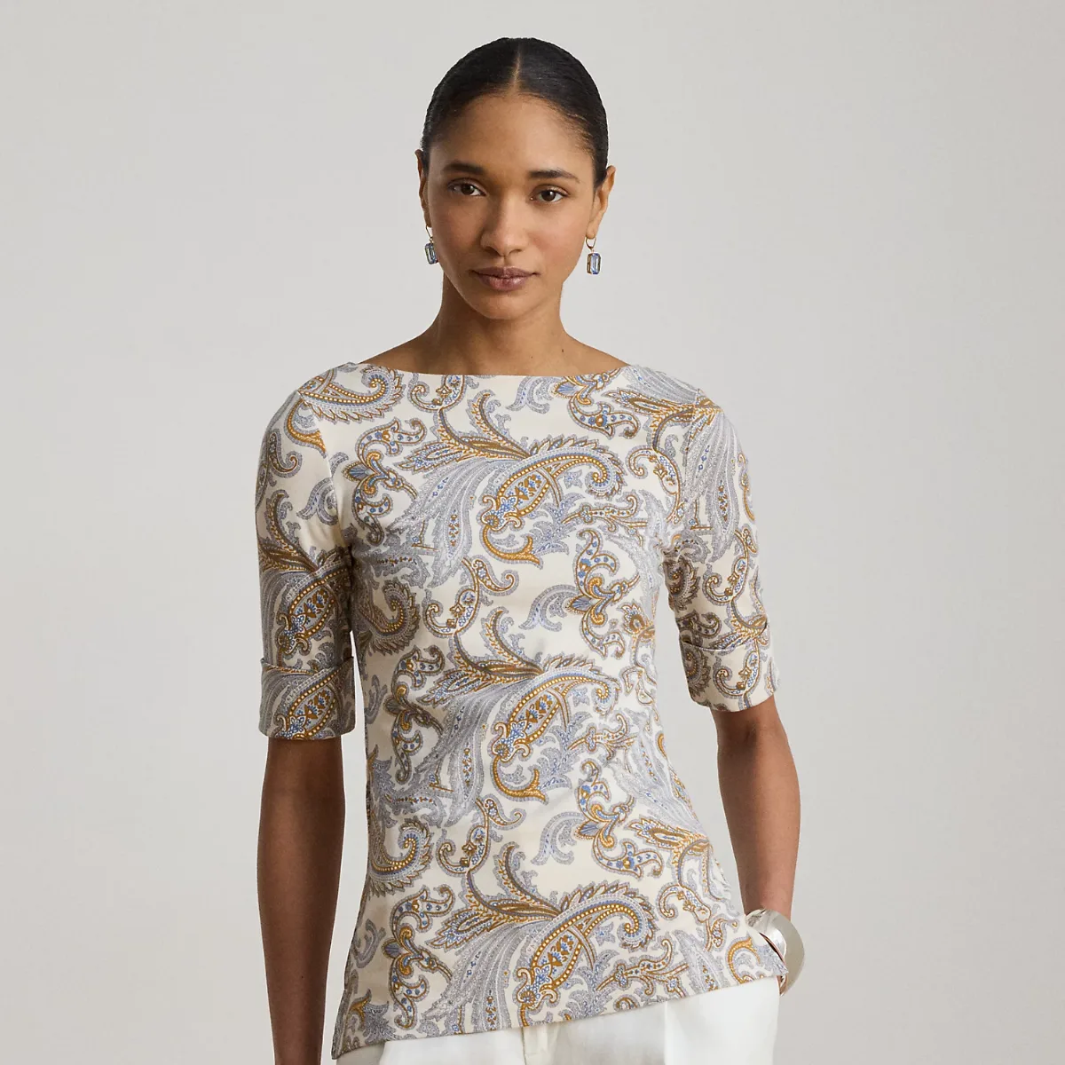 Paisley Stretch Cotton Boatneck Tee by Ralph Lauren