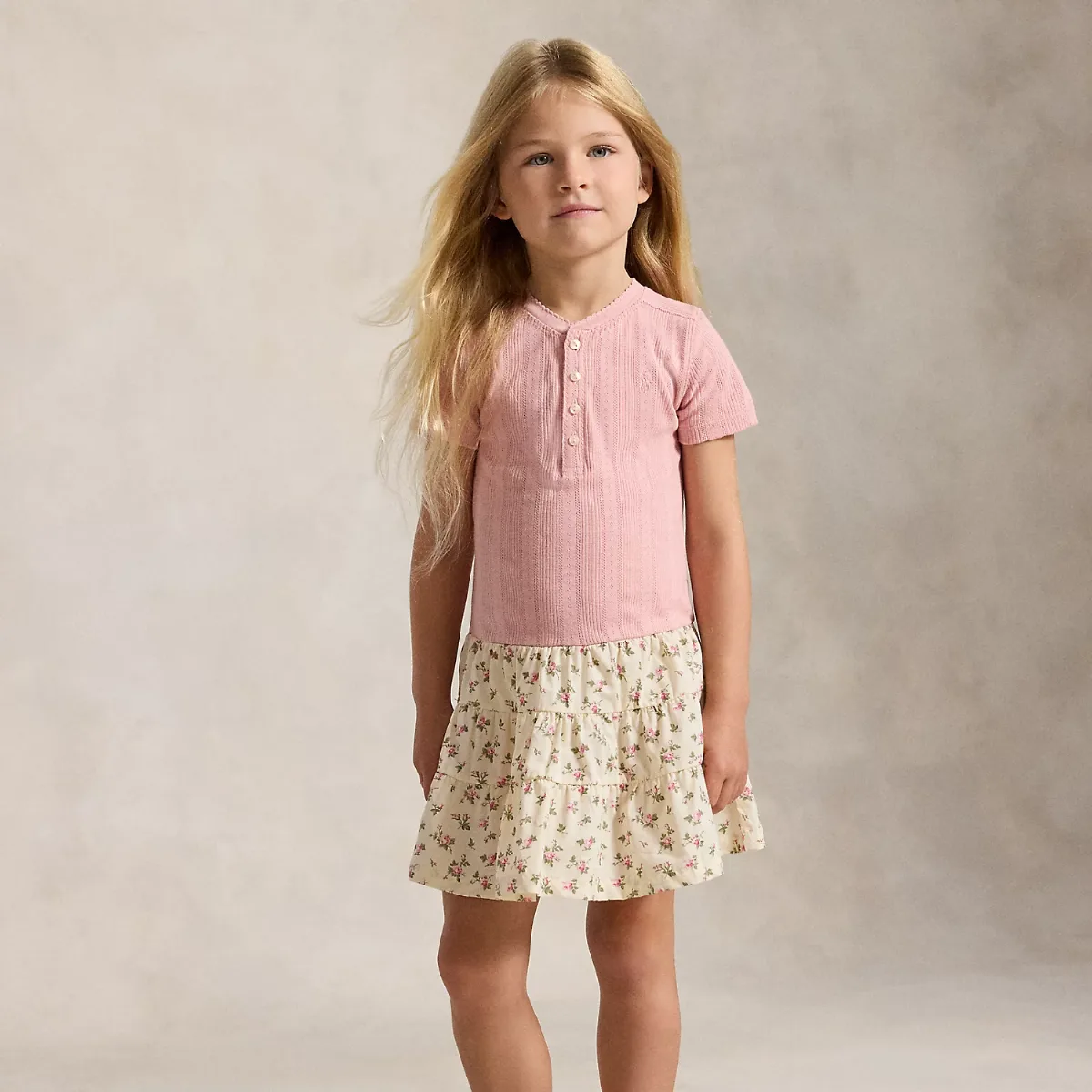 Floral-Skirt Pointelle-Knit Cotton Dress in Adirondack Rose by Ralph Lauren
