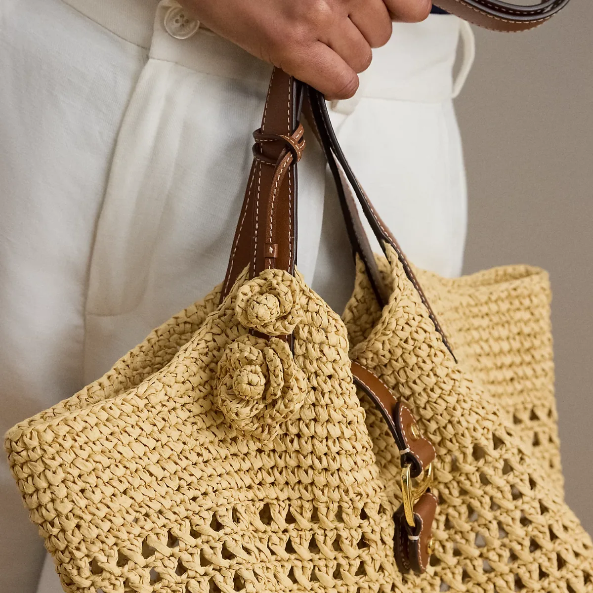 Leather & Crocheted Straw Flower Charm by Ralph Lauren