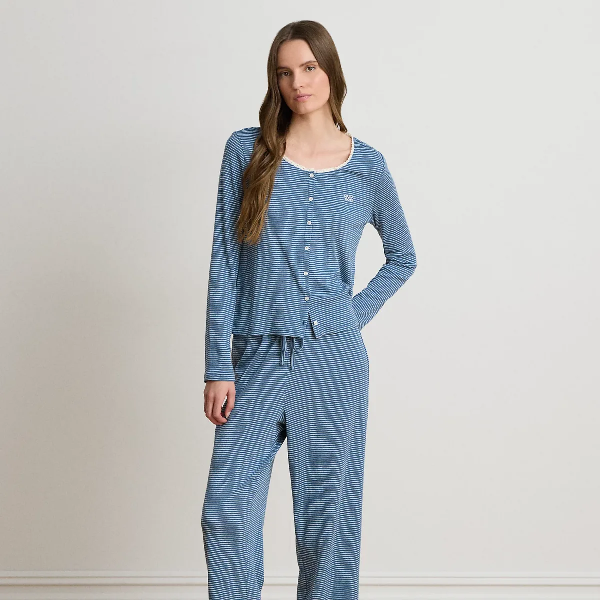 Striped Lace-Trim Rib-Knit Pajama Set