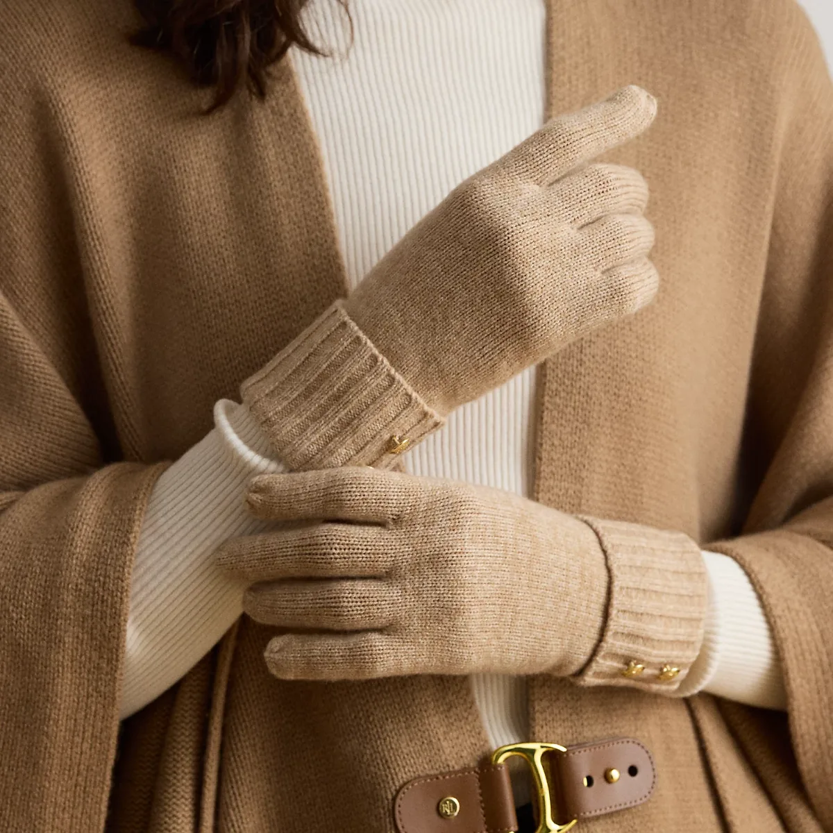 Crest-Button-Trim Knit Gloves by Ralph Lauren
