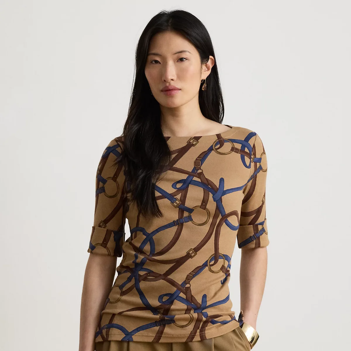 Belting-Print Cotton Boatneck Tee by Ralph Lauren