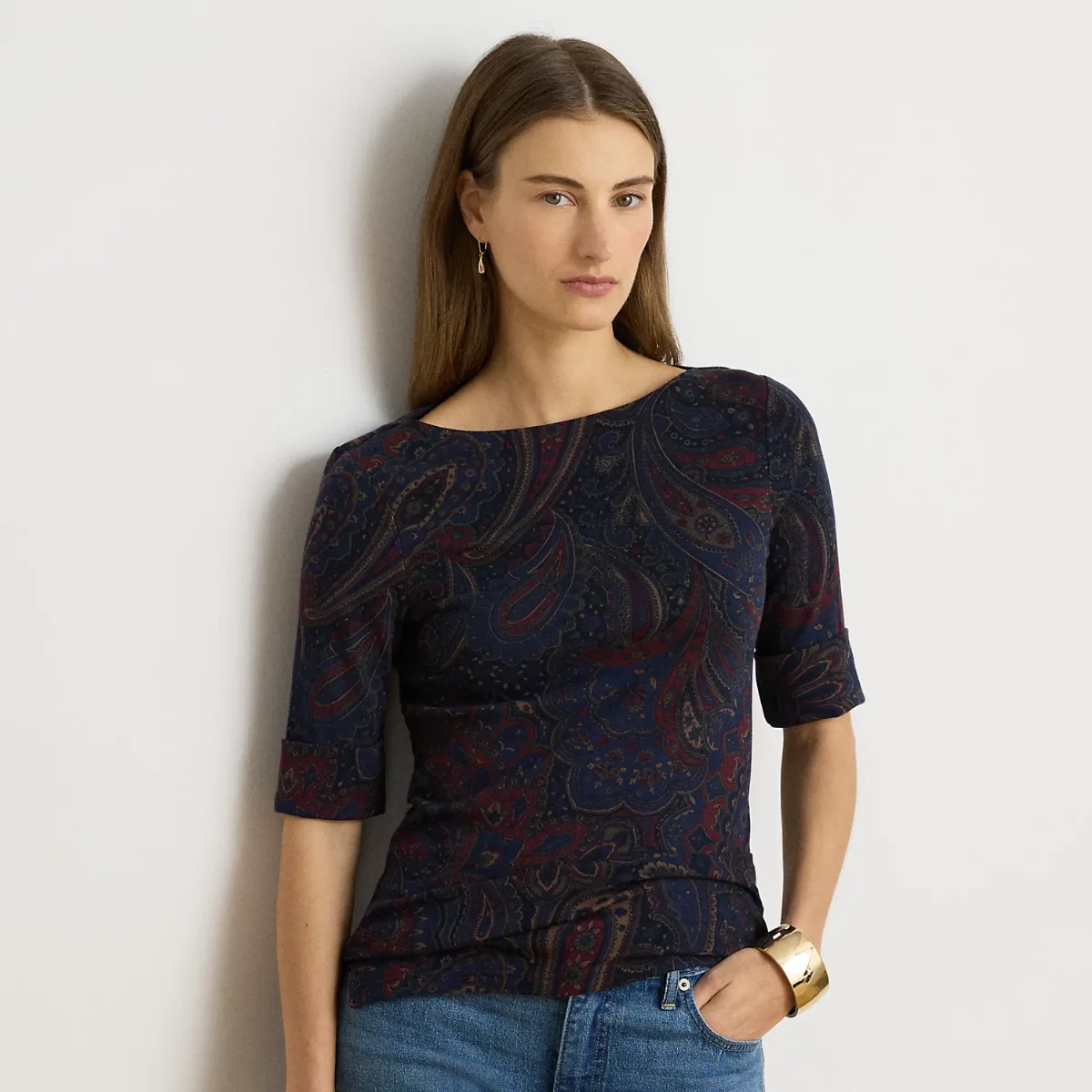Paisley Stretch Cotton Boatneck Tee by Ralph Lauren